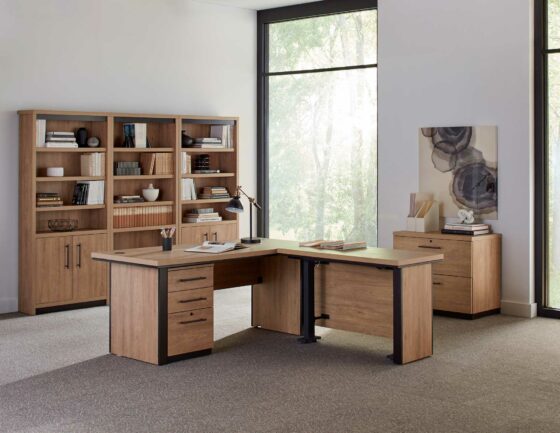 Abbott Collection with Lateral File, Bookcase, Lower Door Bookcase and 60" Open Shell Desk with Electric Right Return, Lateral File, Bookcase and Lower Door Bookcase