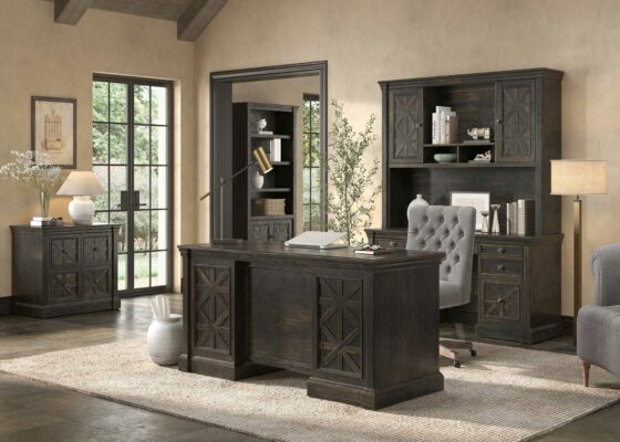 Kingston Collection room shot with Double Pedestal Desk, Credenza and Hutch, Lateral File, Lower Door Bookcase