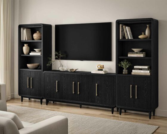 Camden Ebony Black Four Door Console with Bookcases Console Room Scene