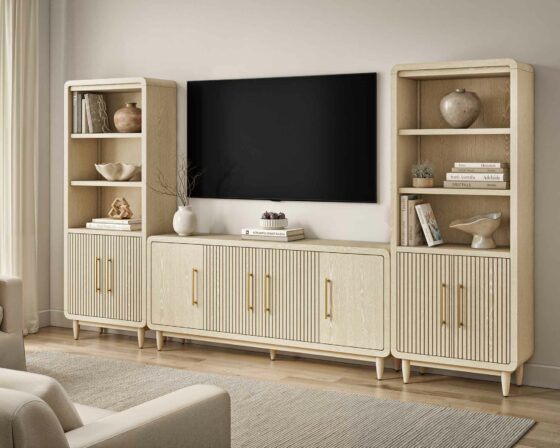 Camden White Oak Four Door Console with Bookcases Console Room Scene