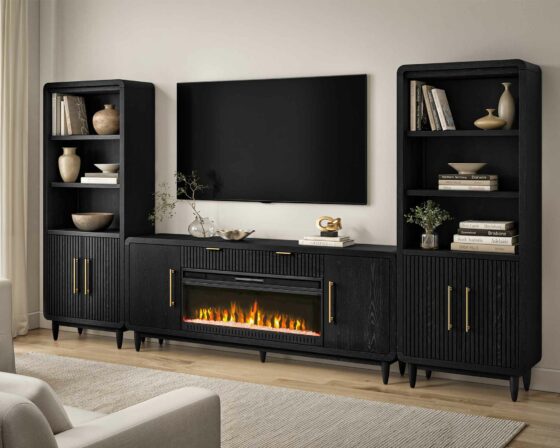 Camden Ebony Black 80" Fireplace with Bookcases Console Room Scene