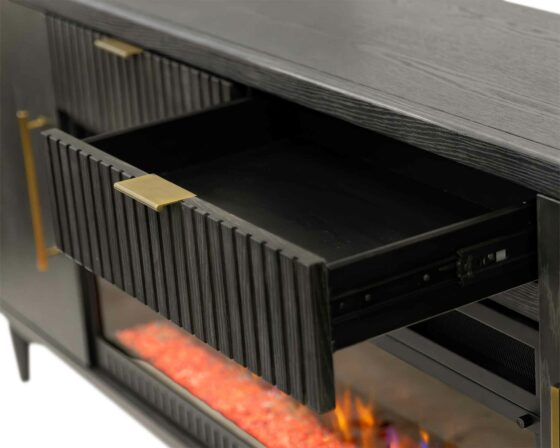 Camden Black Fireplace Console - open drawer detail
