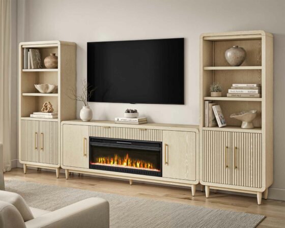 Camden White Oak 80" Fireplace Console with Bookcases Room Scene