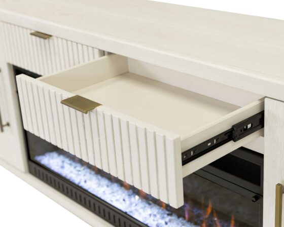 Camden White Fireplace Console - open drawer detail