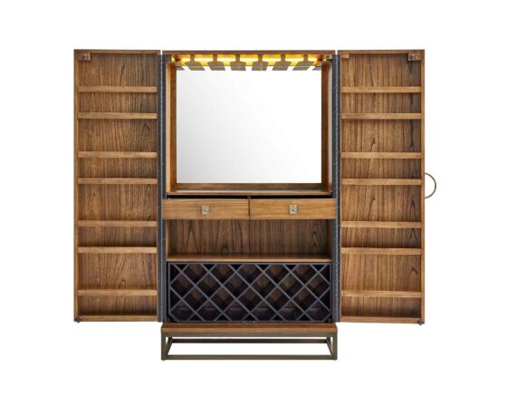 Duncan Bar Cabinet - doors open - lights on - front